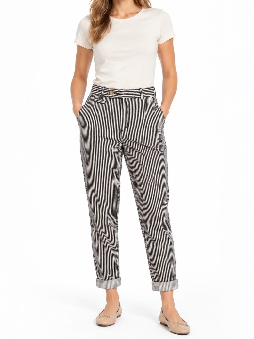 Zara Black & Cream Pinstripe Cuffed trouser Pants Size M